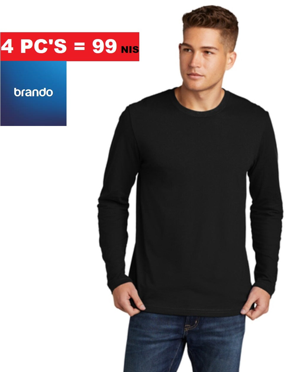 100% Cotton Long Sleeve Crew Neck T-Shirt - 4 Pack - Brando - Basic Clothing for Men