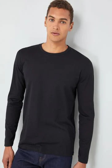 Cotton 100%  Long Sleeve Crew Neck T-Shirt - Black - Brando -  Basic Clothing for Men